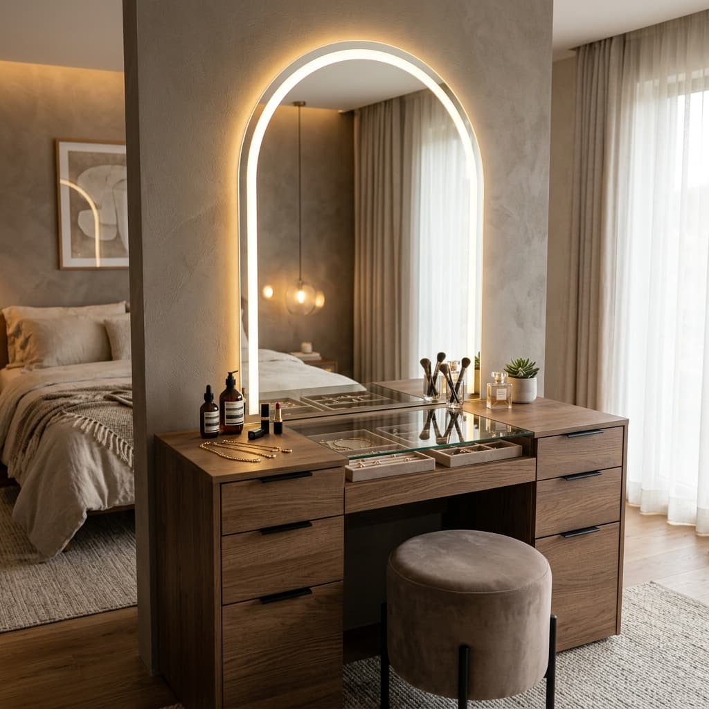 Arch illuminated mirror with customized accessory drawers