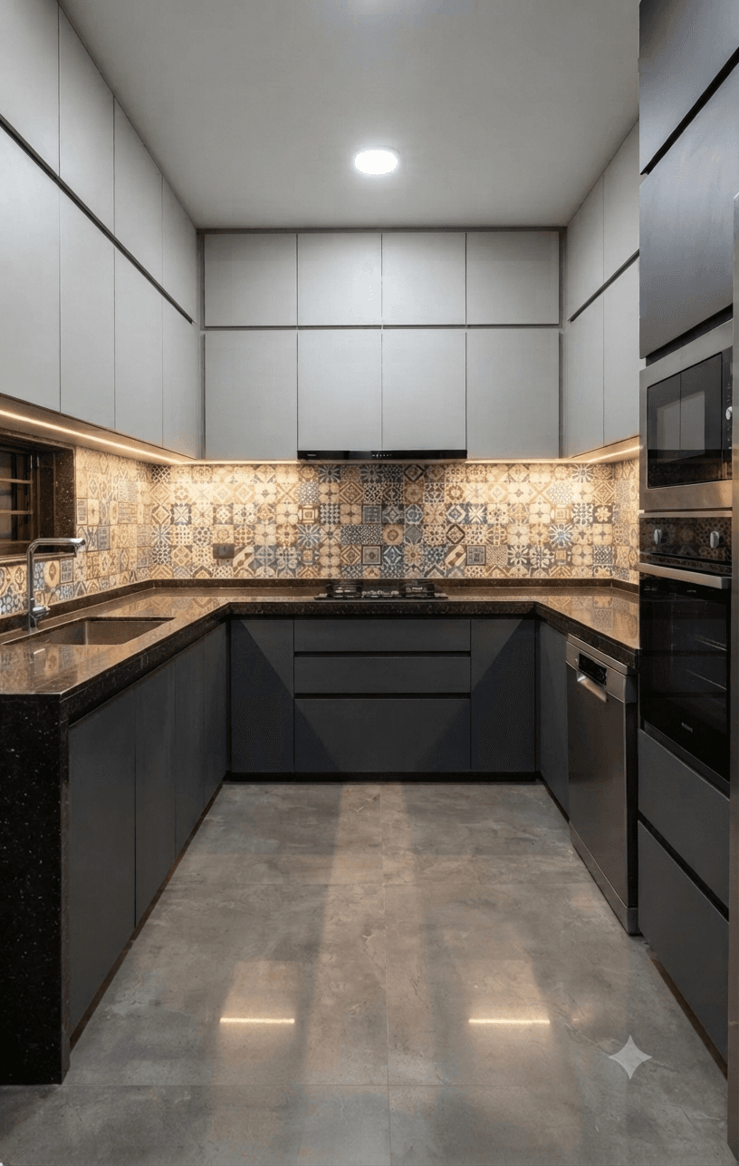 Contemporary U-shaped kitchen with patterned tile backsplash and dark counters
