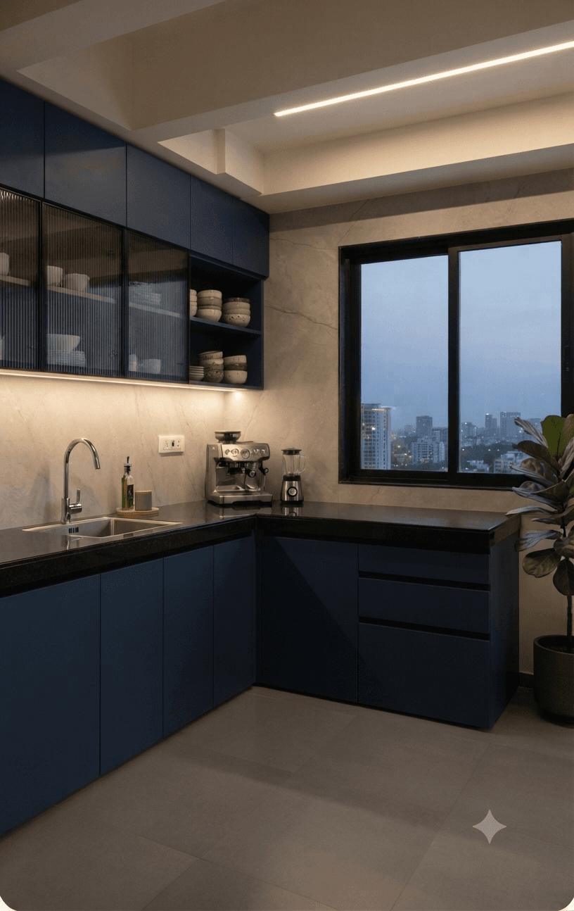 Contemporary L-shaped kitchen with dark blue cabinets and window view