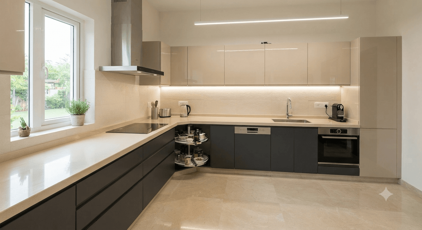 Modern minimalist L-shaped kitchen with neutral beige tones and LED lighting