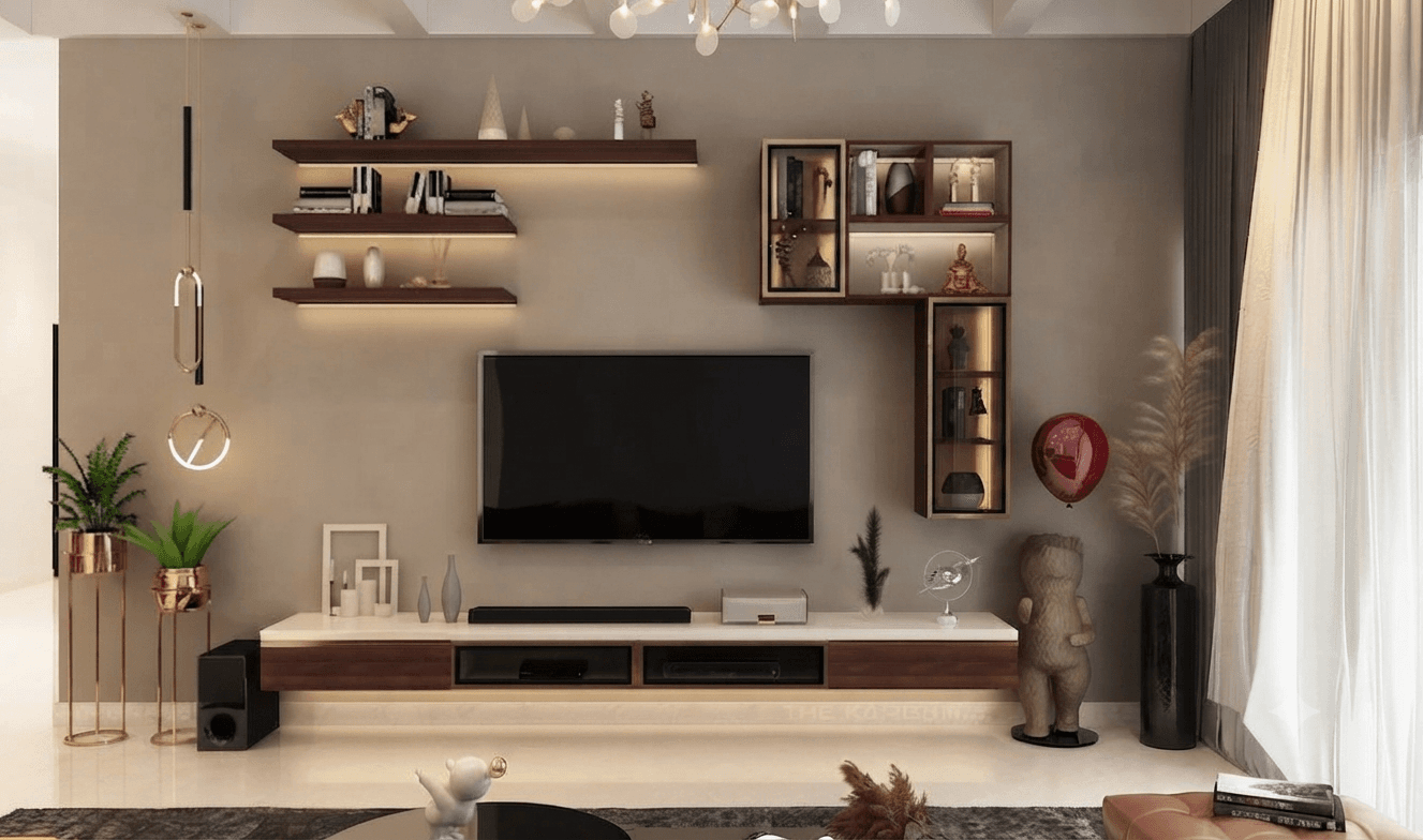 Stylish living room TV console with decorative wall shelving units
