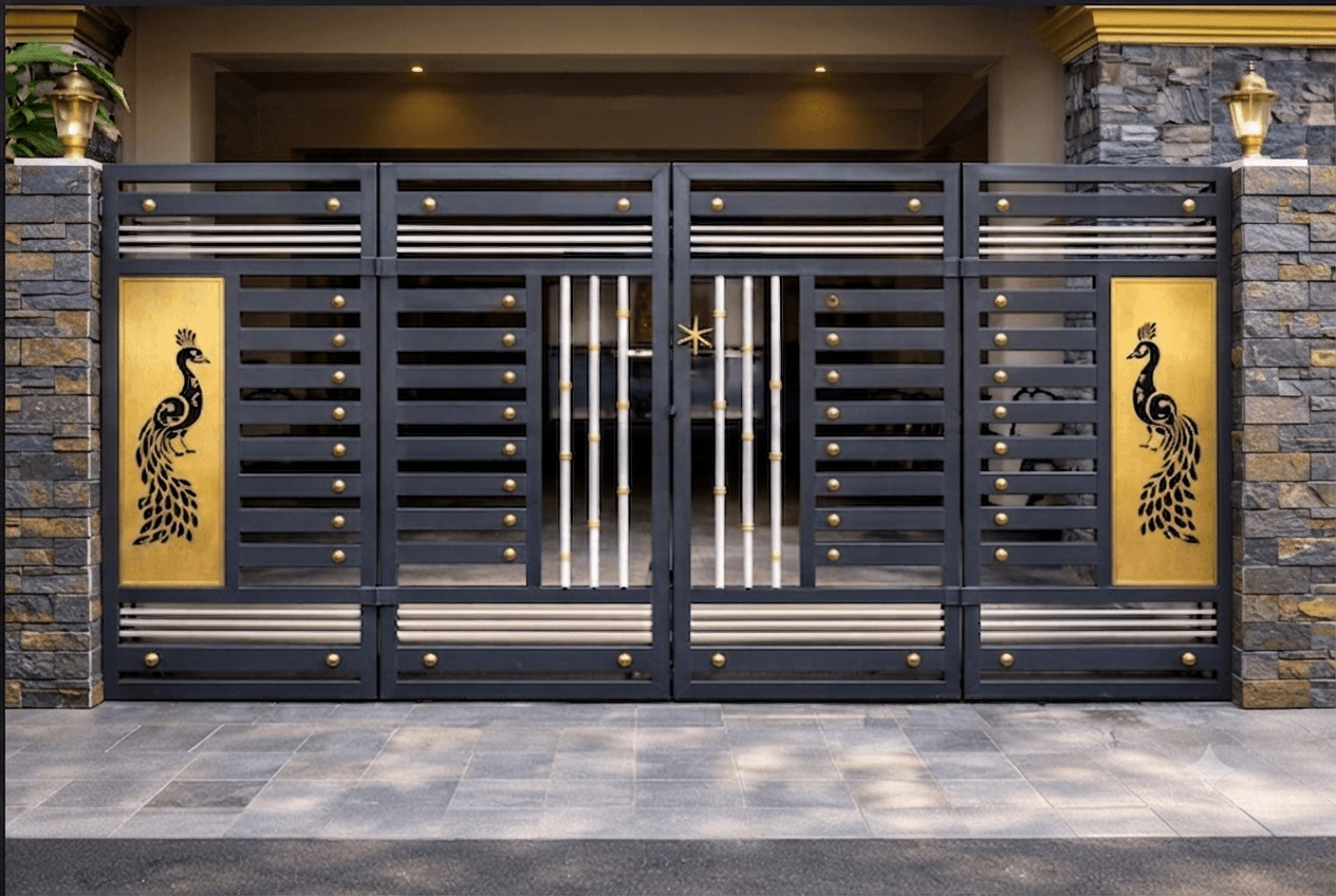Ms Premium black powder-coated MS sliding main gate with golden highlights
