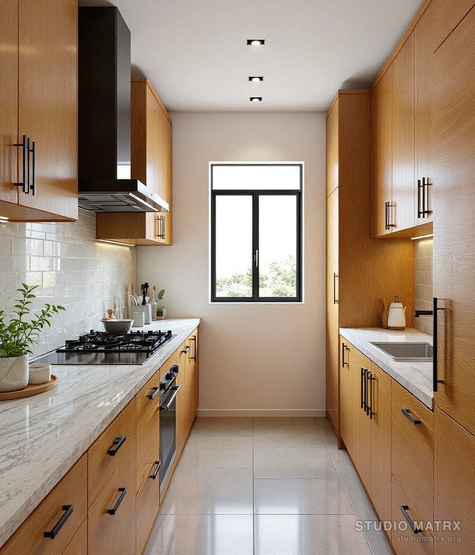 Minimalist parallel kitchen design with wooden cabinets and countertop stove