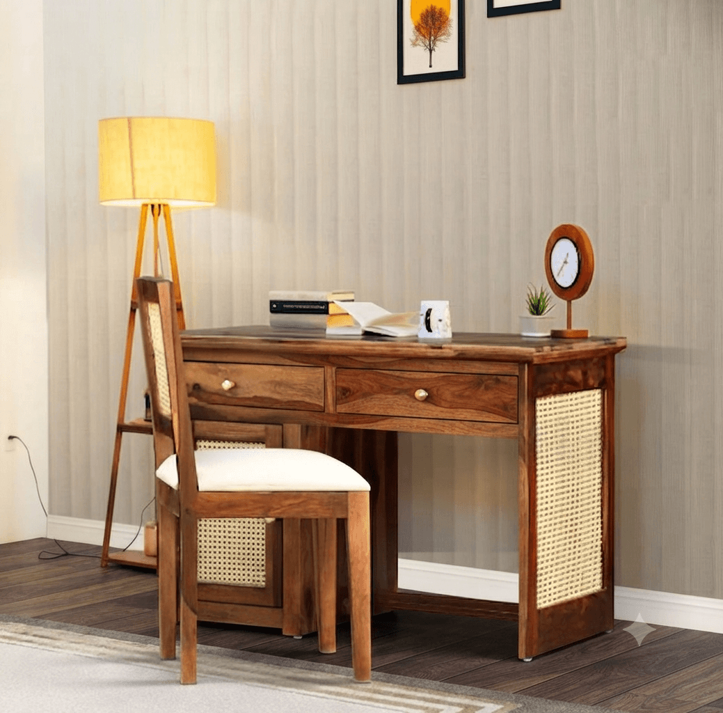 Modern wooden study table and chair set with aesthetic wall paneling