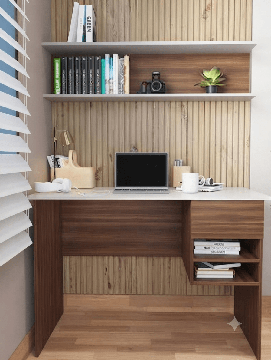 Stylish wooden home office study table with organized workstation setup